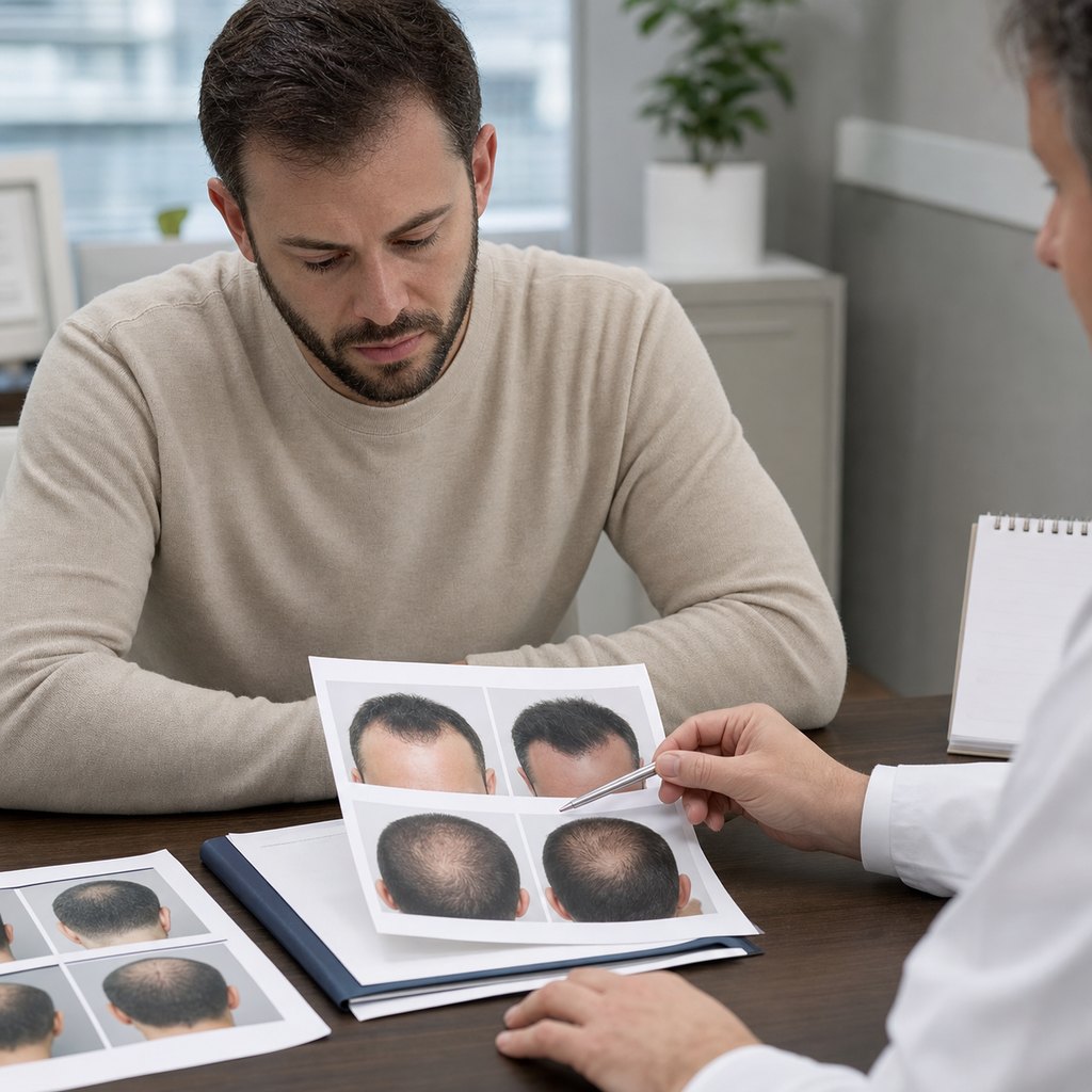 Patient and surgeon reviewing hair transplant progress photos before refund or repair decisions