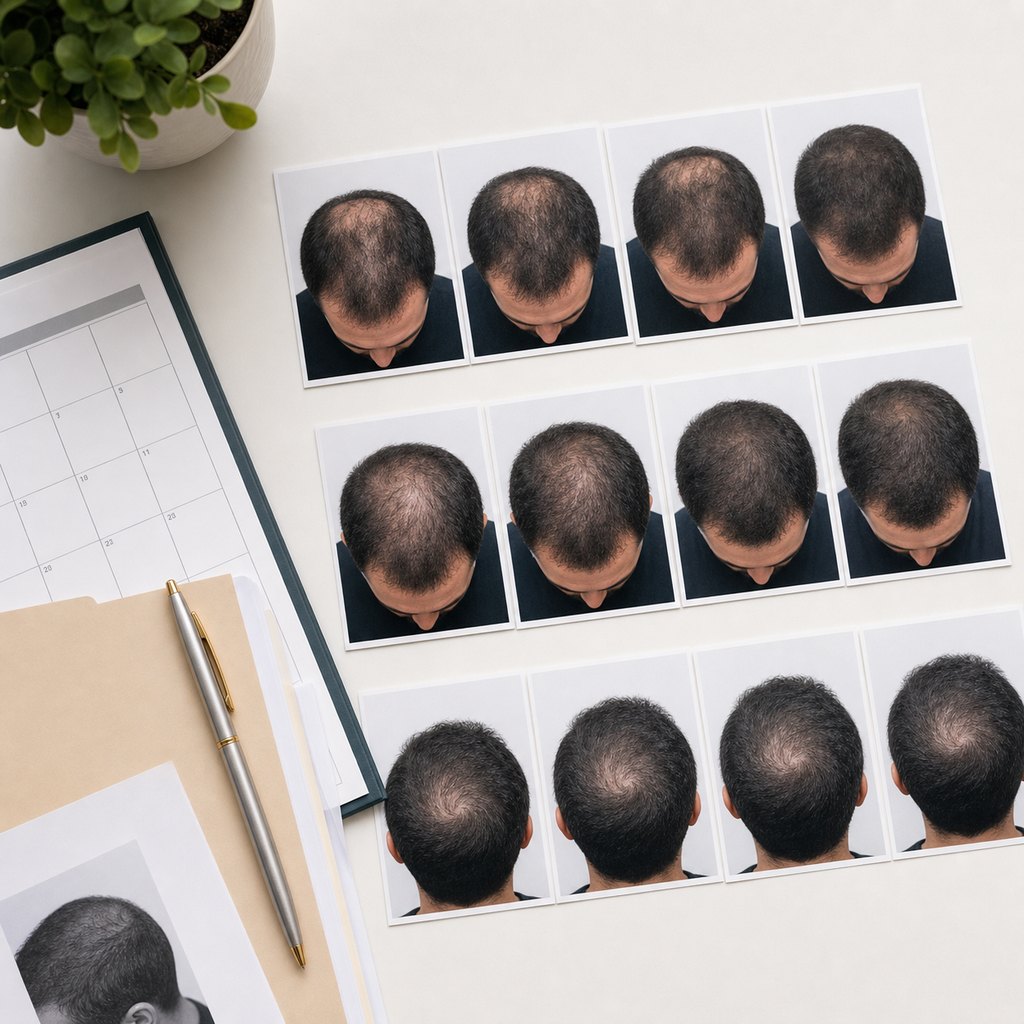 Hair transplant progress photos arranged with a calendar and medical records for result review