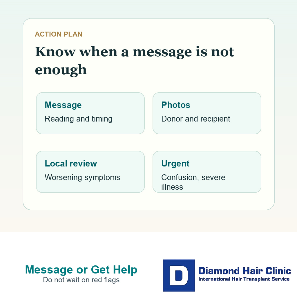 Support card showing clinic message photos local medical review and urgent warning signs after FUE fever
