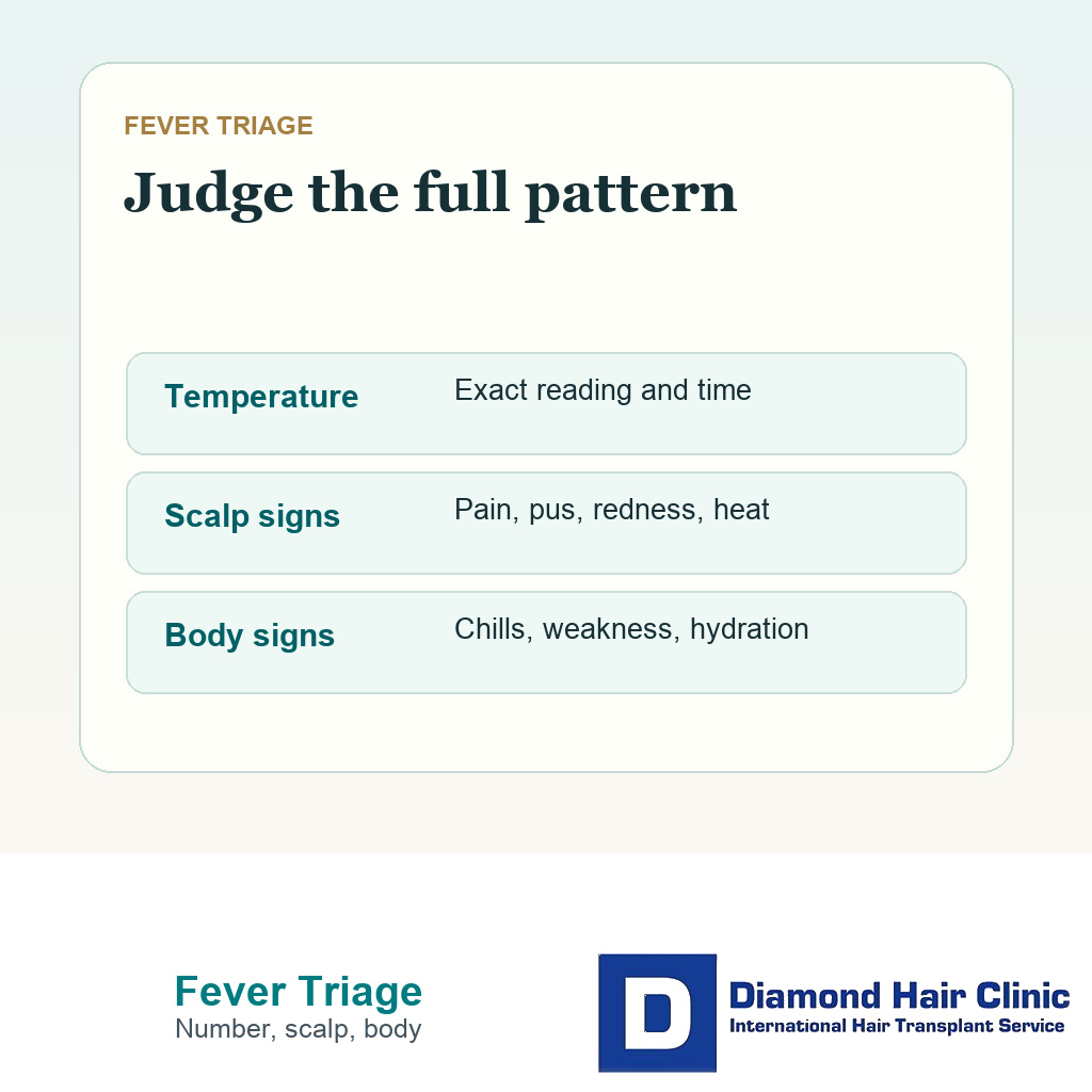 Support card showing temperature scalp signs and body symptoms for post FUE fever triage