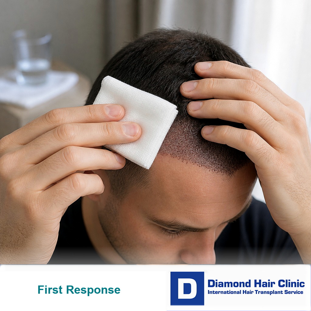 Clean folded gauze held near the transplanted hairline without rubbing the grafts