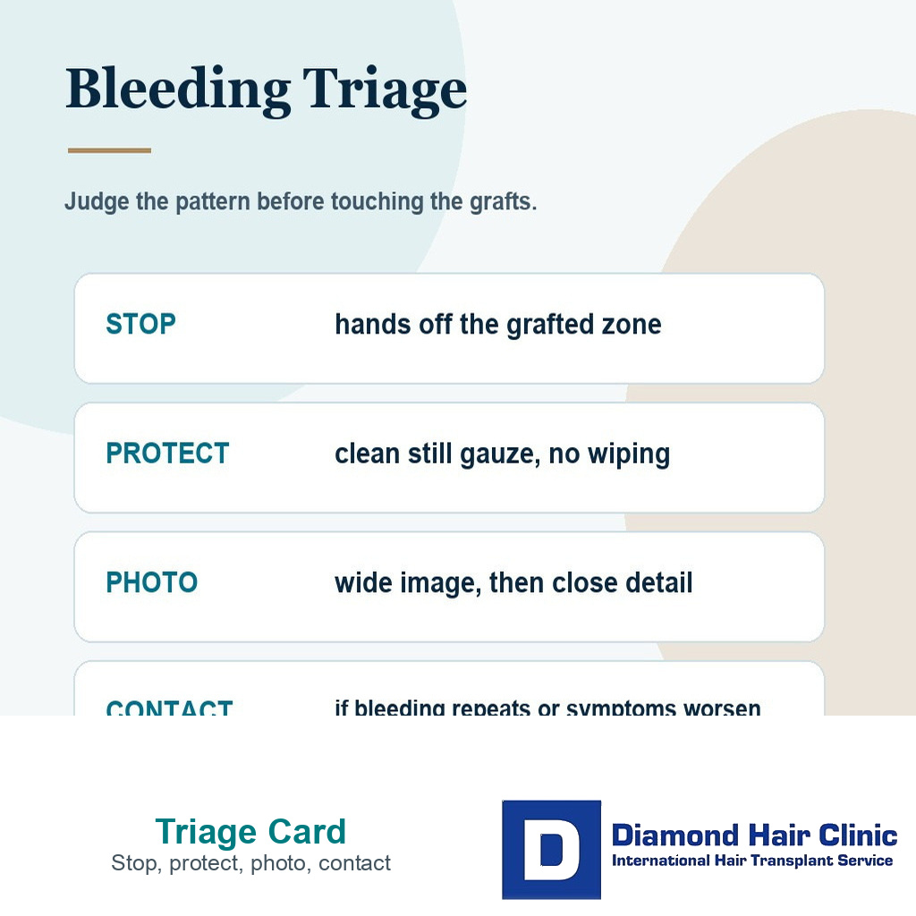 Bleeding triage card showing stop protect photo and contact steps after hair transplant