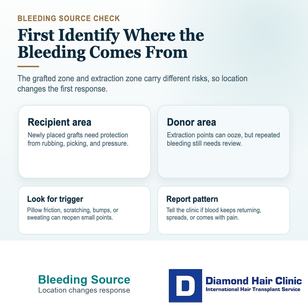 Visual explaining how donor area and recipient area bleeding are judged differently after hair transplant