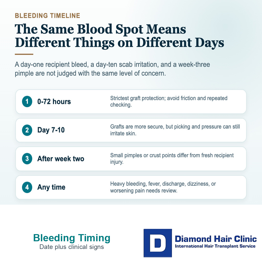 Visual explaining why timing changes the interpretation of bleeding after hair transplant