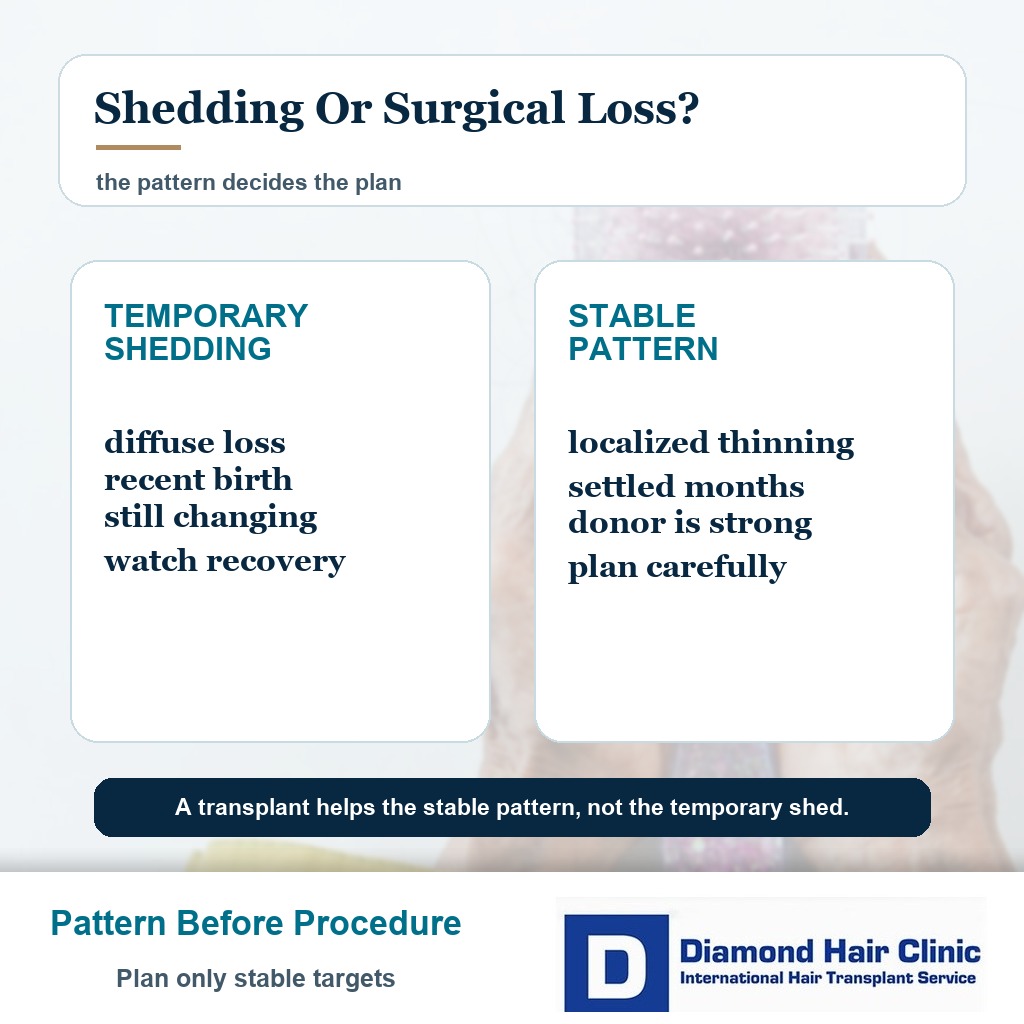 Postpartum shedding pattern card comparing temporary diffuse shedding with stable surgery suitable hairline loss