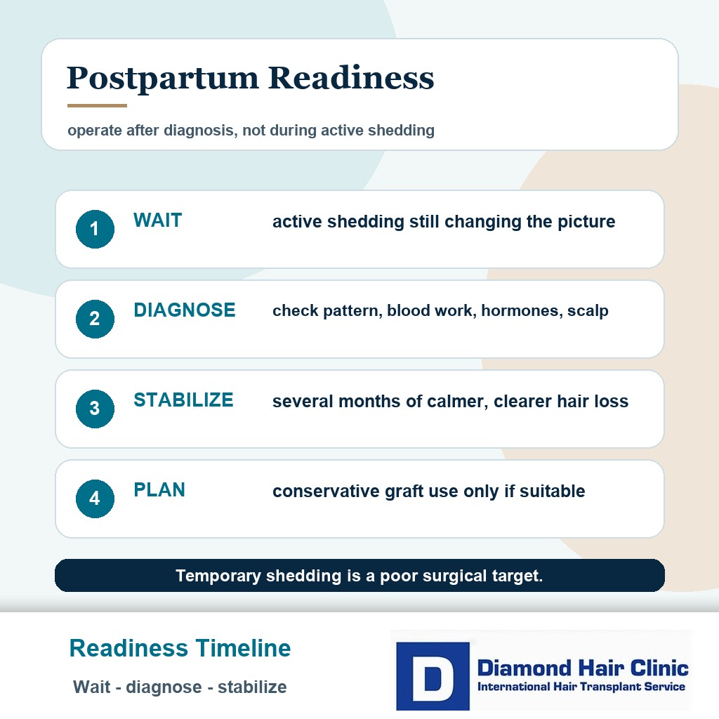 Postpartum hair transplant readiness card showing wait, diagnose, stabilize, and plan stages