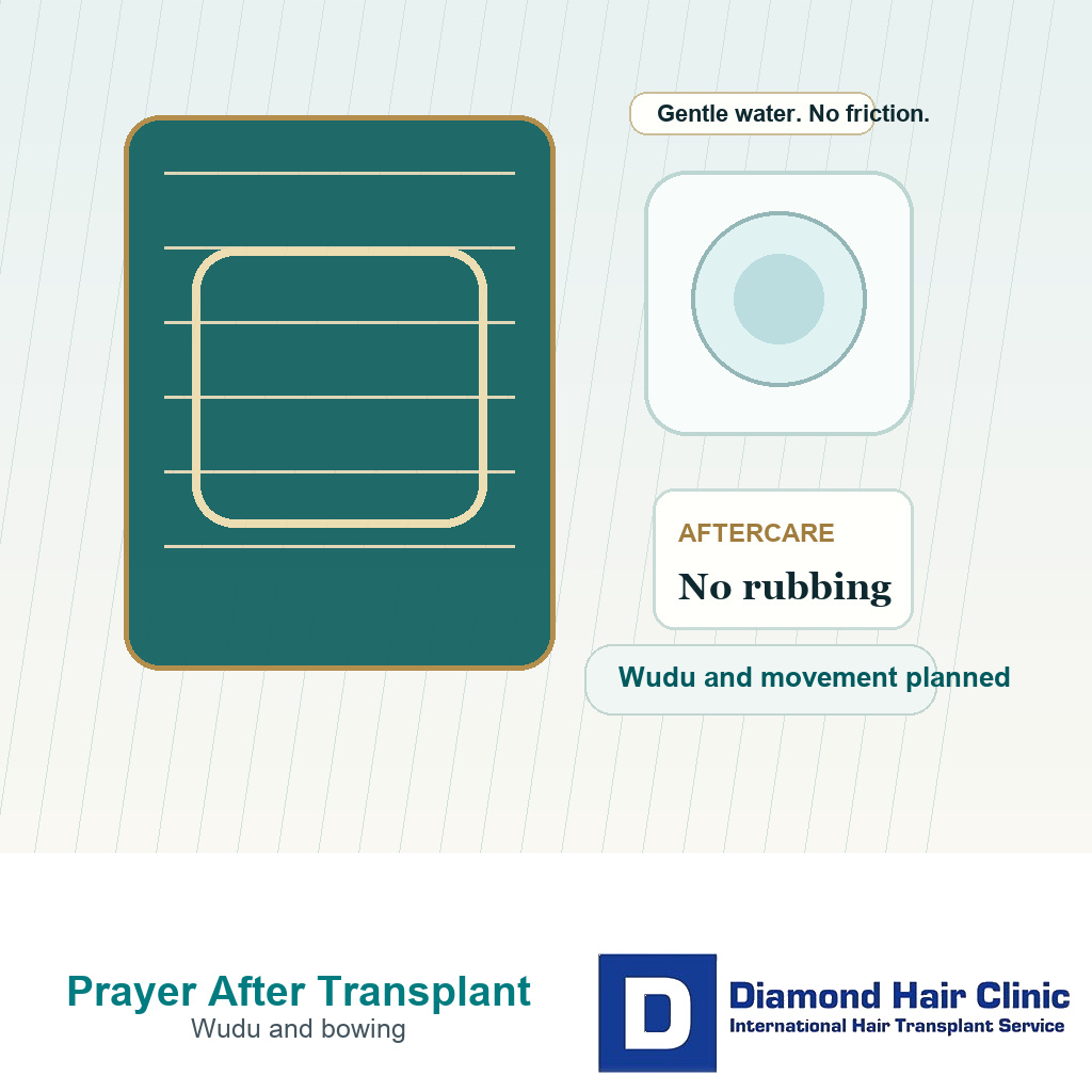 Prayer mat clean water bowl towel and clinic aftercare card arranged for prayer after hair transplant recovery