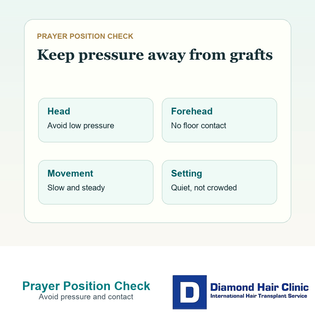 Support card showing head position floor contact slow movement and quiet setting for prayer after hair transplant