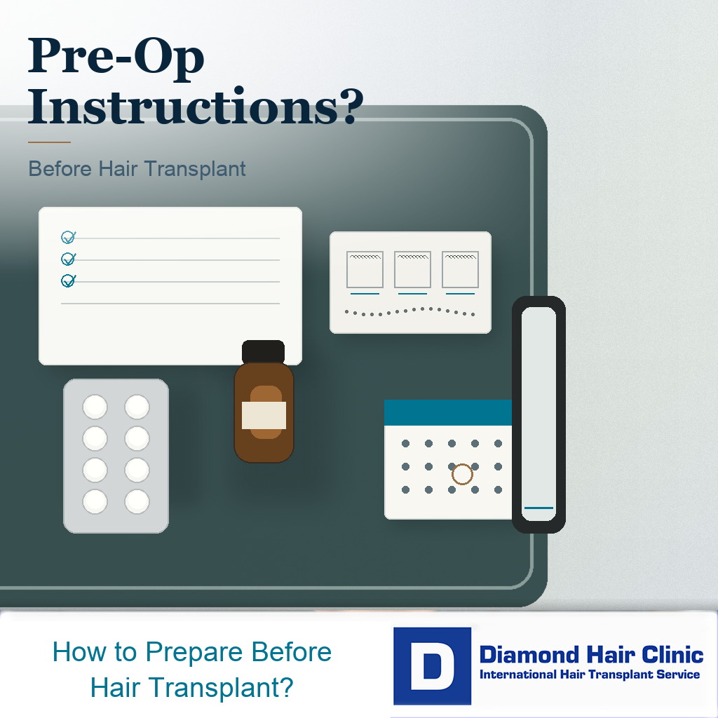 Pre-op hair transplant instruction checklist with medication and surgery preparation items