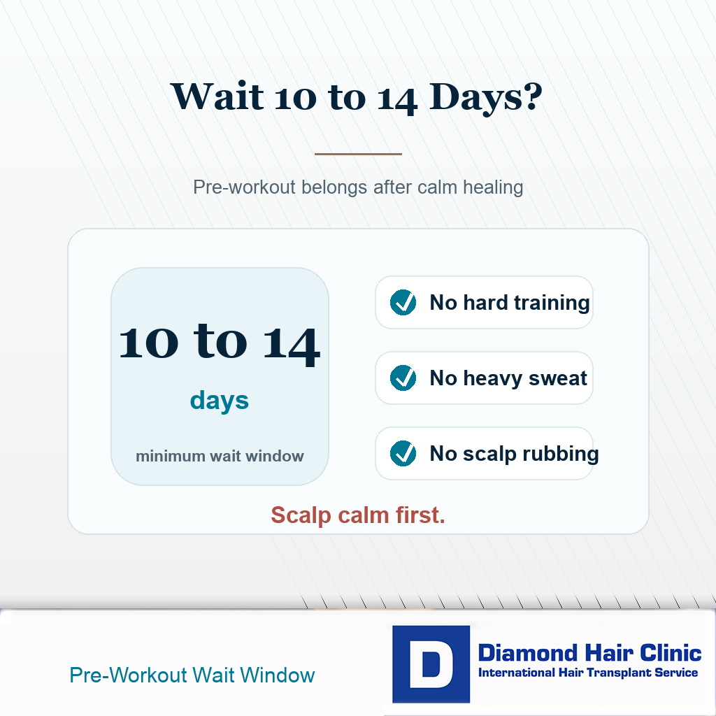 Visual card showing that patients should usually avoid pre-workout during the first 10 to 14 days after a hair transplant