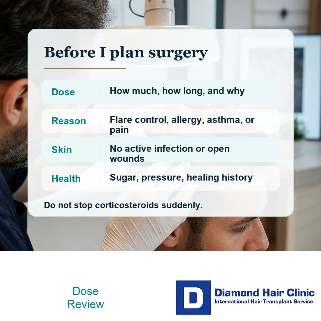 Clinical planning card showing dose, treatment reason, skin status, and health review before hair transplant surgery while taking prednisone
