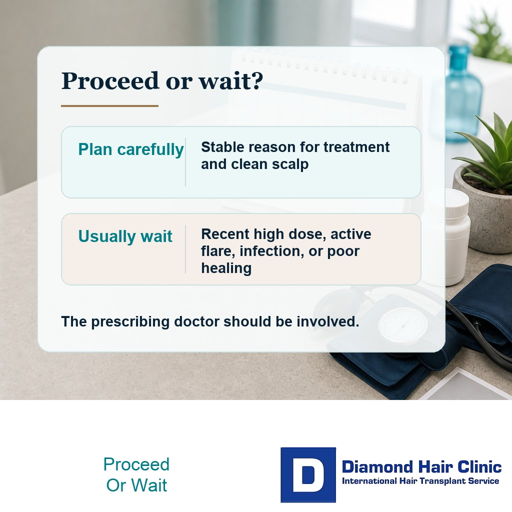 Decision card showing when to plan carefully or wait before a hair transplant while taking prednisone