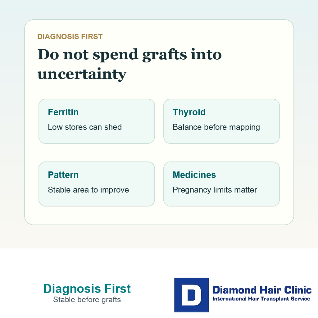 Diagnosis card showing ferritin thyroid pattern medication and photos before hair transplant around pregnancy or IVF