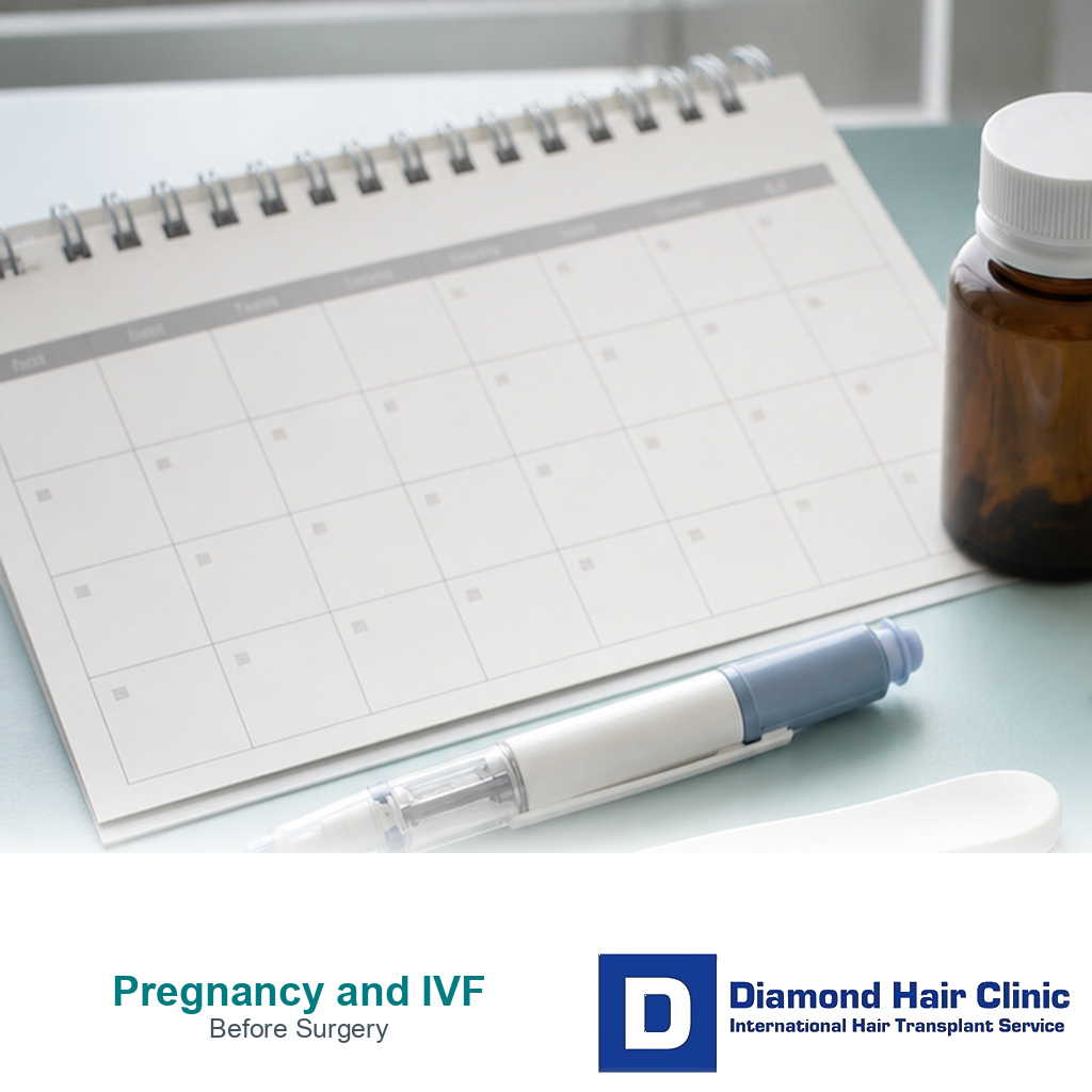Clinic desk with blank calendar medication pen medicine bottle and pregnancy test for pregnancy IVF and hair transplant timing