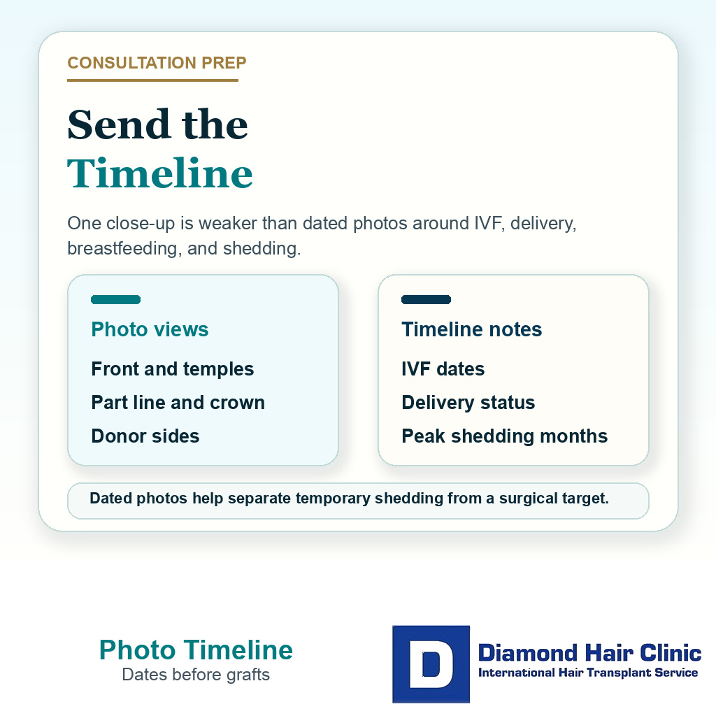 Information card explaining which photos and pregnancy or IVF timeline details to send before hair transplant consultation