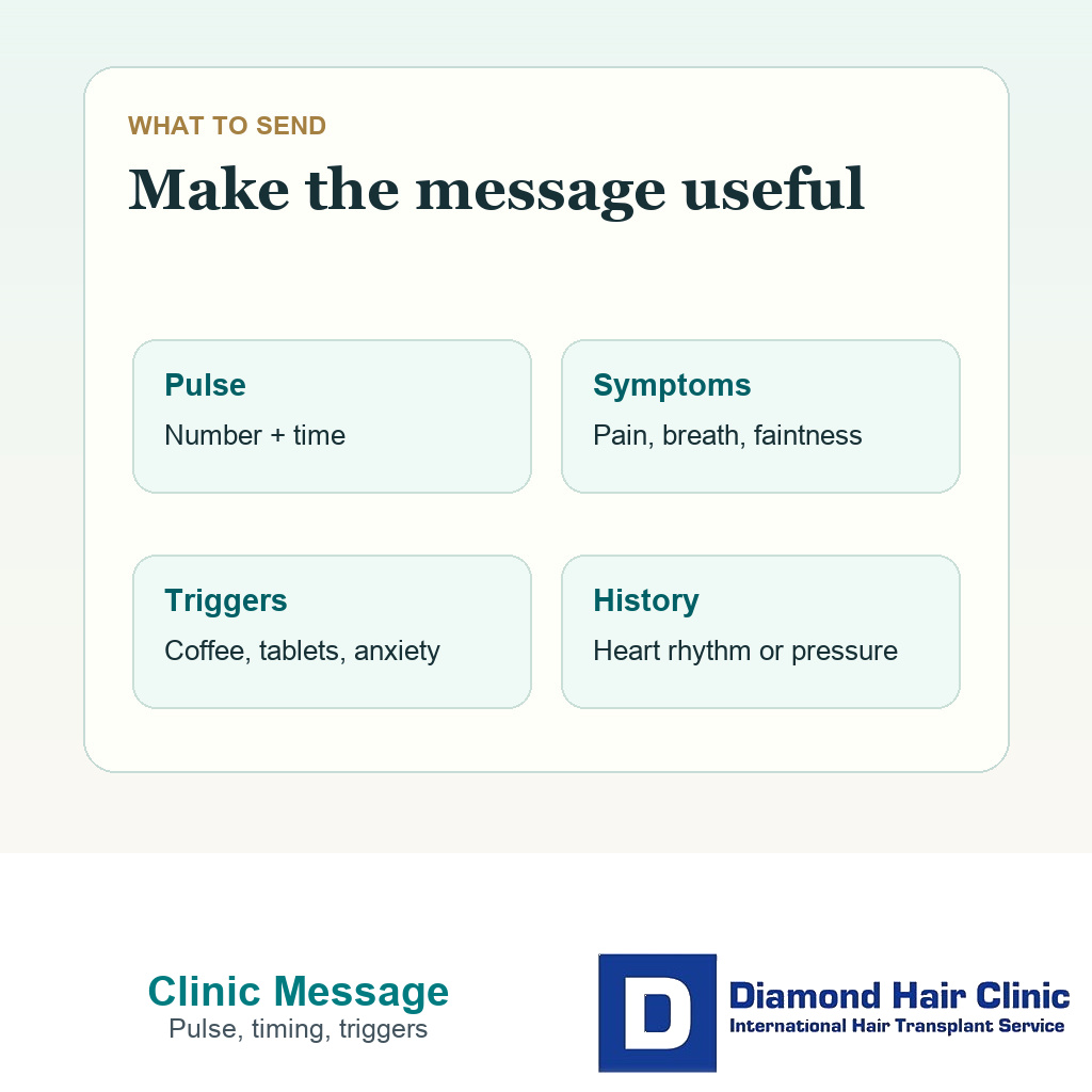 Heart racing after hair transplant visual showing what details to send to the clinic