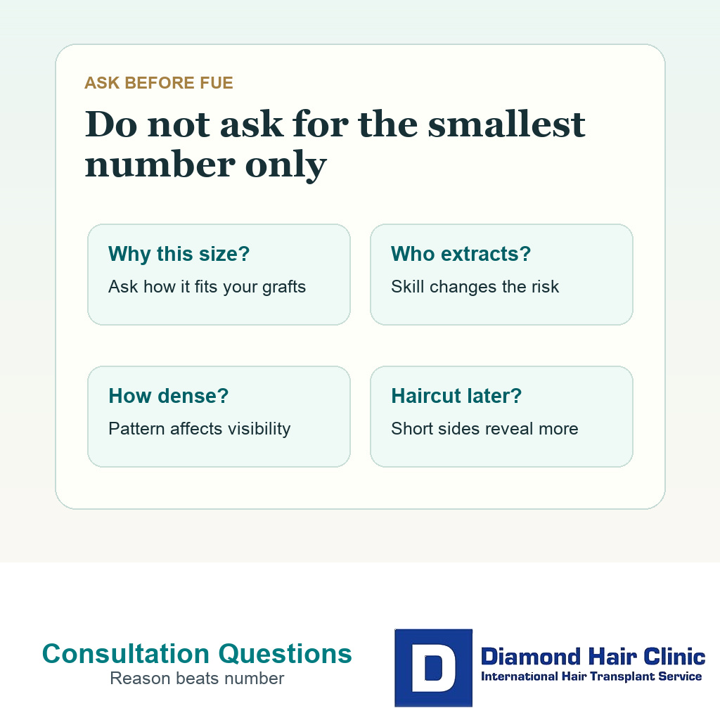 Patient question card listing what to ask before FUE extraction punch size is chosen