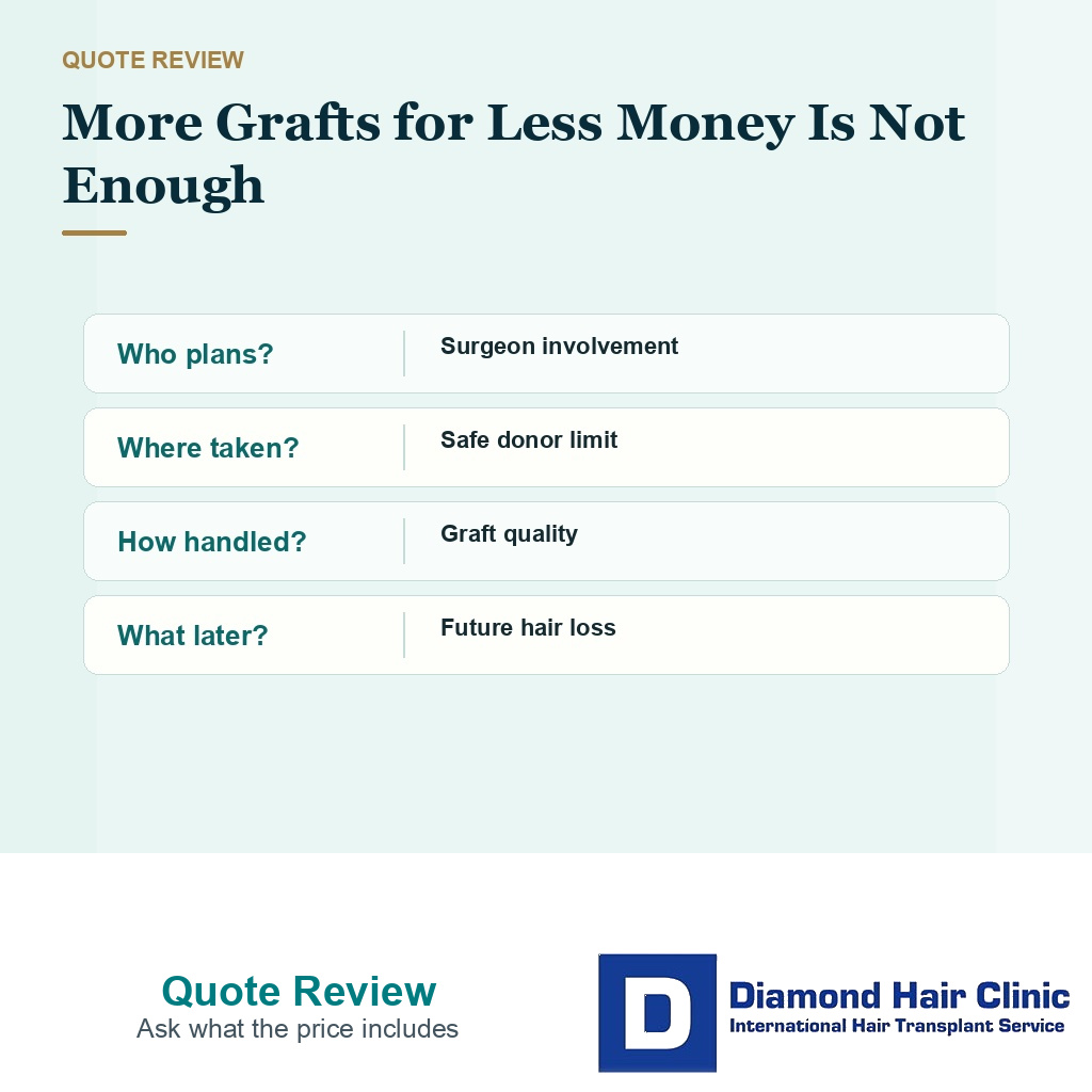 Hair transplant quote review visual showing planning details to ask before comparing graft price