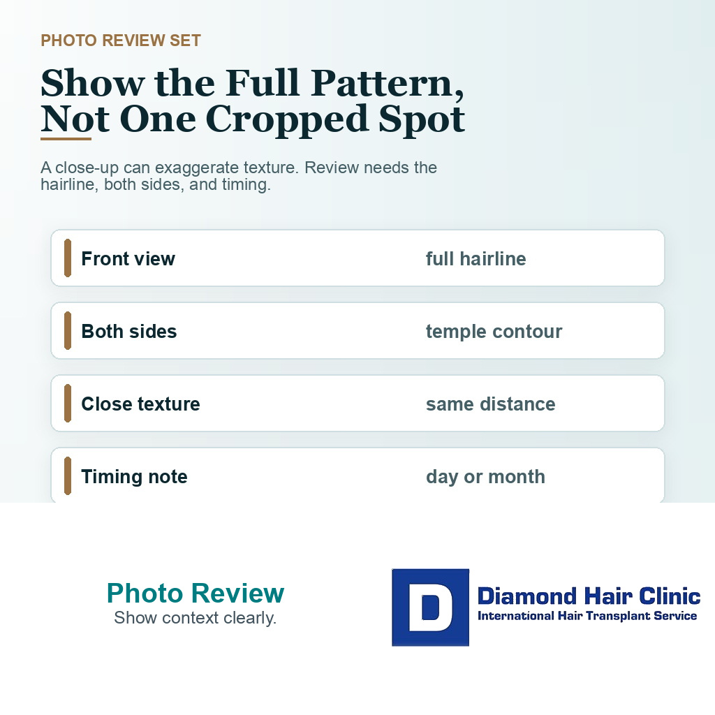 Support card explaining which photos help review raised hairline texture after hair transplant surgery