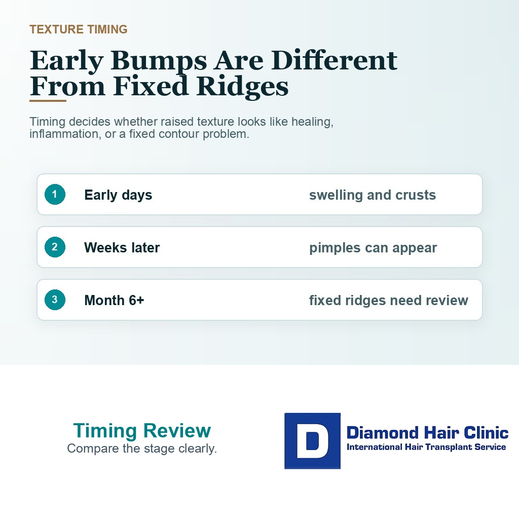 Support card explaining that early bumps and later fixed ridges after hair transplant should be judged by timing