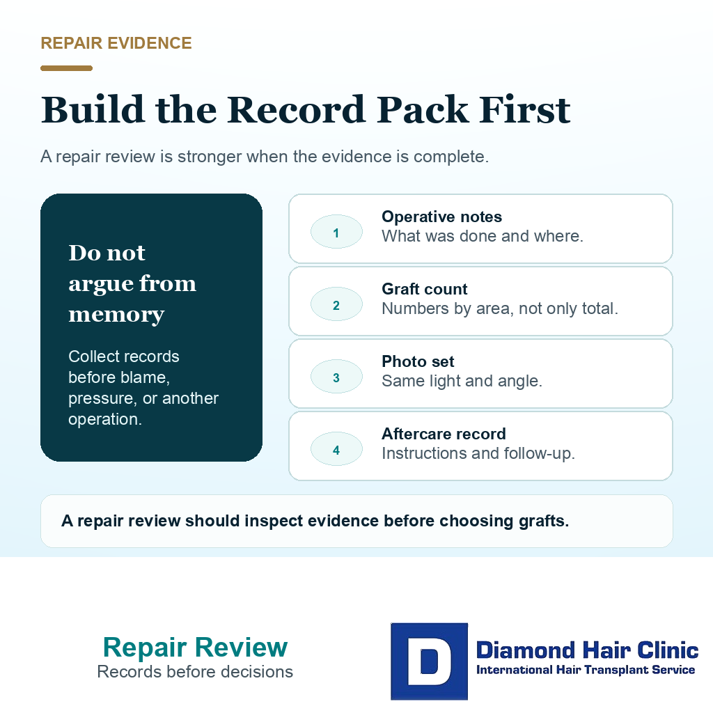 Support visual explaining which records to collect before a poor hair transplant result repair review