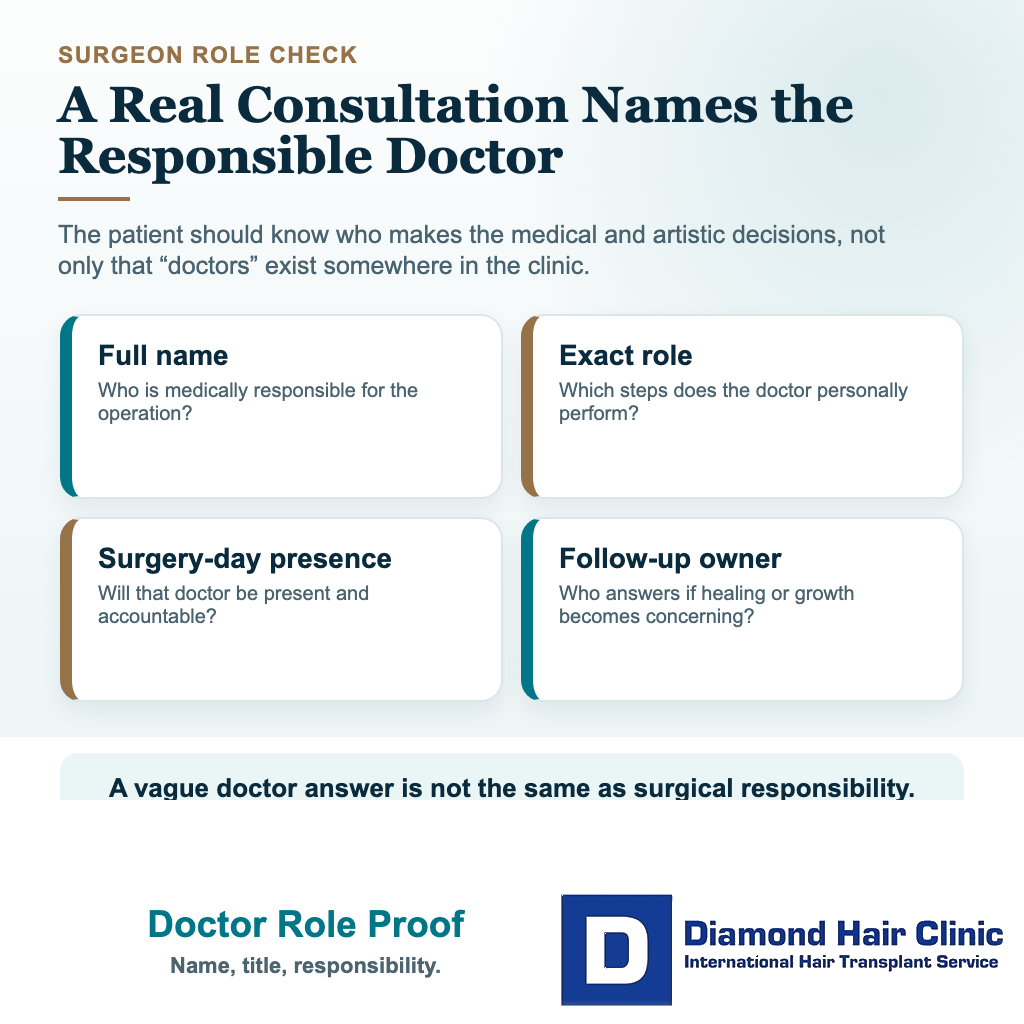 Red Flags of Turkish Hair Transplant Clinics and Cheap Hair Mills visual explaining doctor role proof