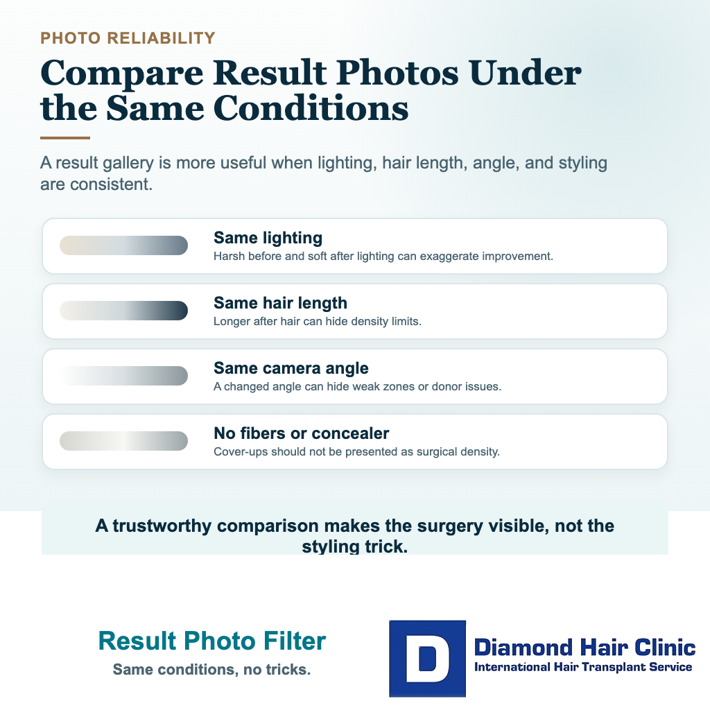Red Flags of Turkish Hair Transplant Clinics and Cheap Hair Mills visual explaining result photo filter