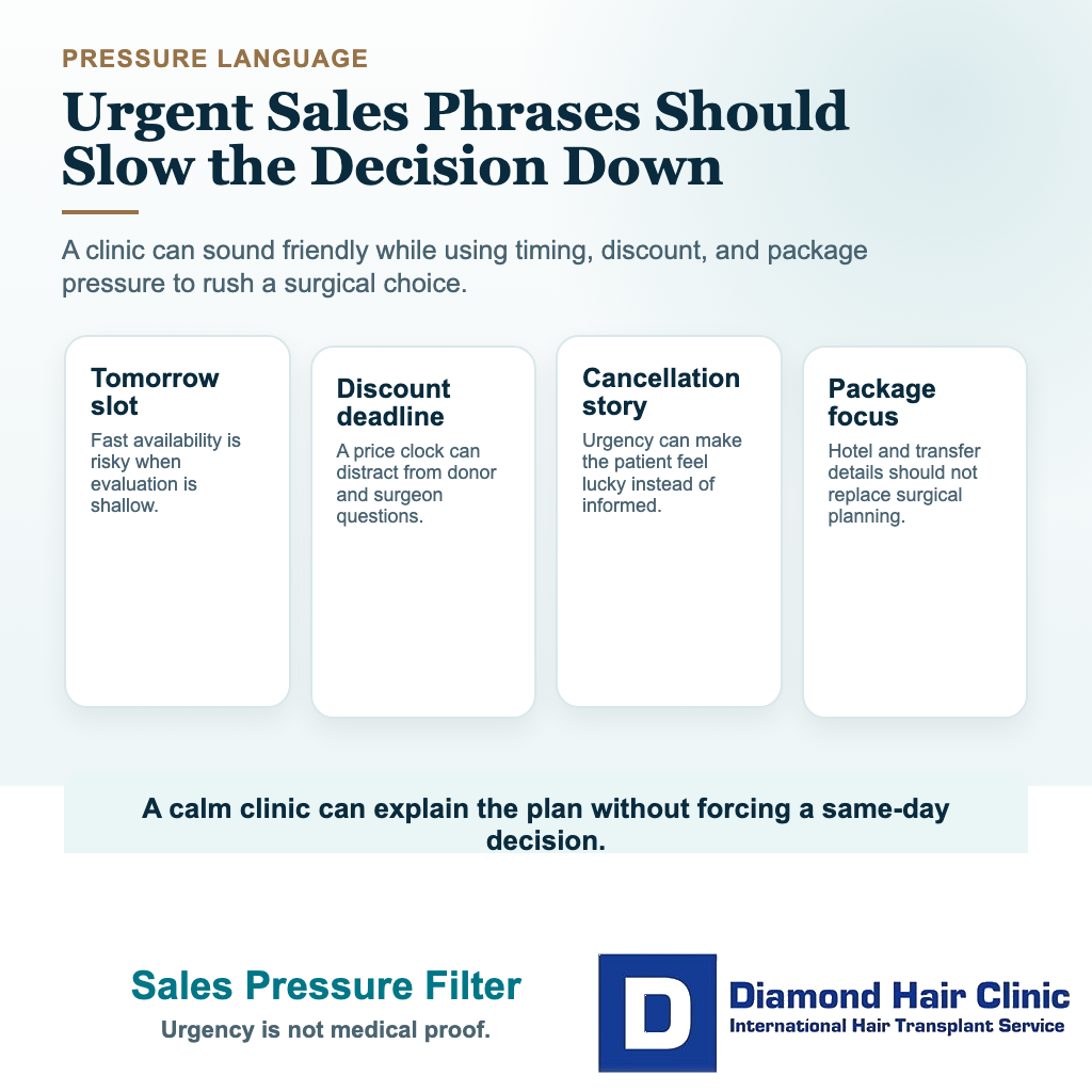 Red Flags of Turkish Hair Transplant Clinics and Cheap Hair Mills visual explaining sales pressure filter