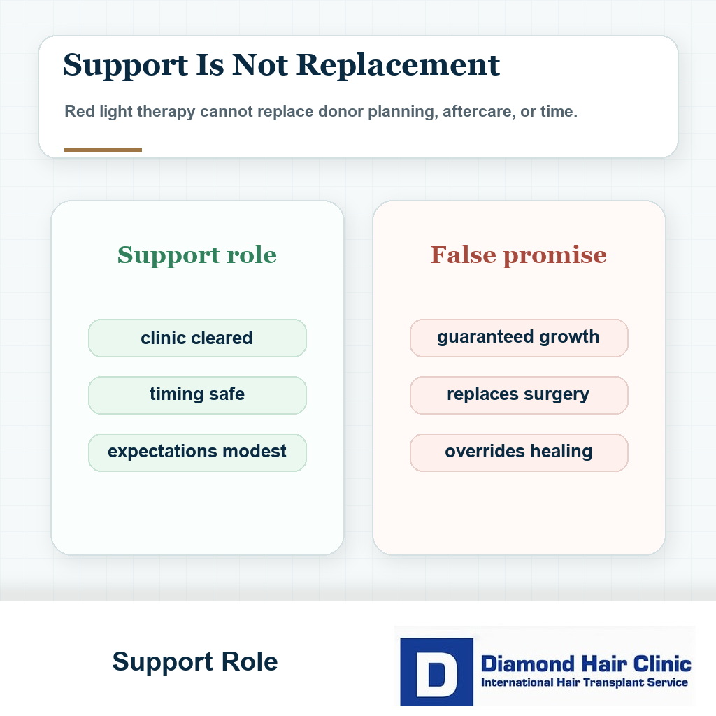 Red light therapy after hair transplant visual explaining support versus replacement