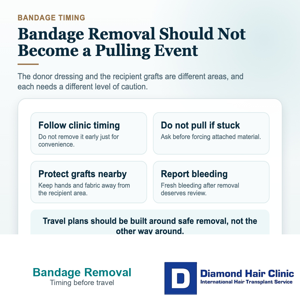 When Can I Remove the Bandage After a Hair Transplant? visual explaining how should i plan travel around bandage removal?