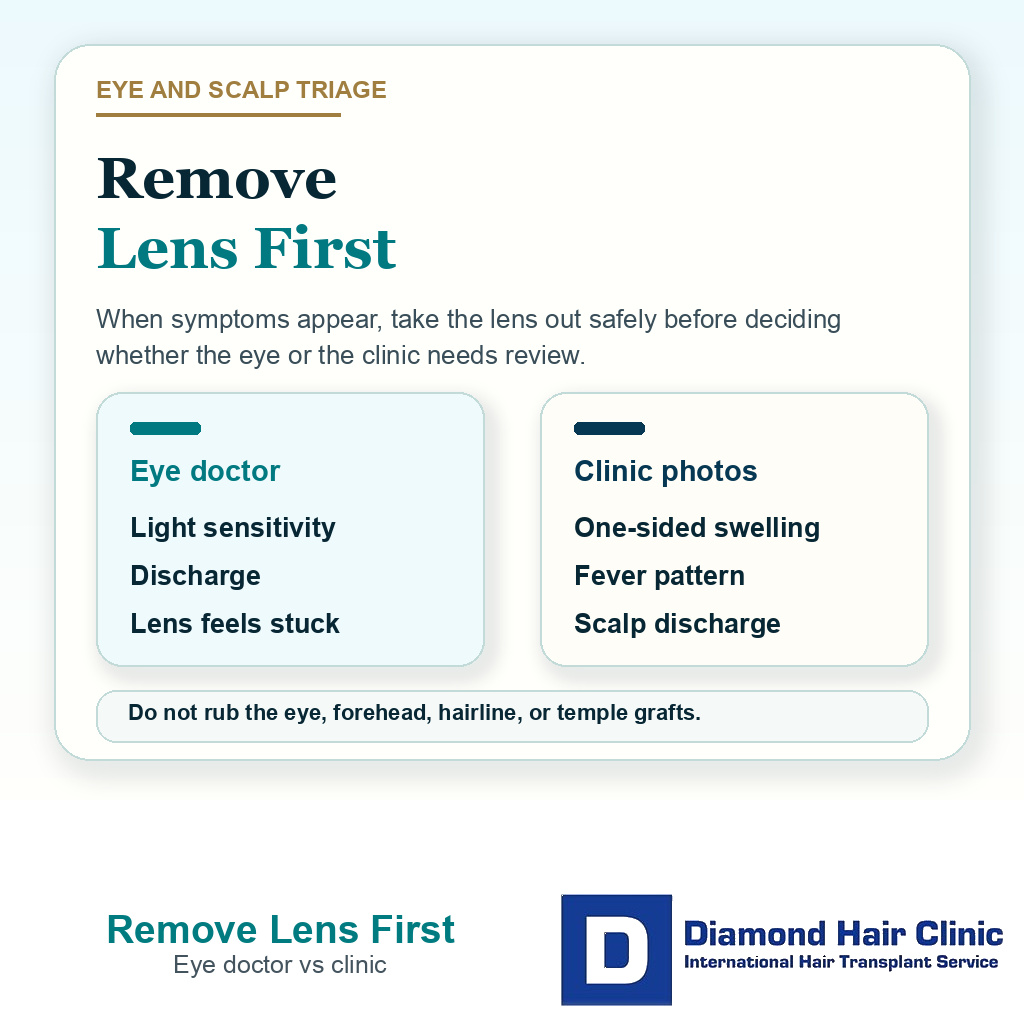 Information card explaining when to remove contact lenses and whether to seek eye doctor or clinic advice after FUE.