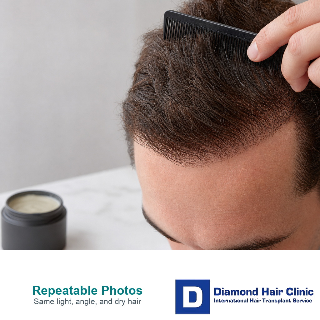 Phone camera set for consistent hair transplant recovery photos
