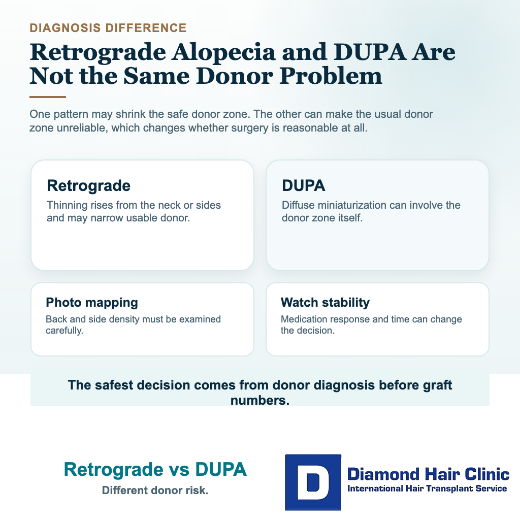 Can I Have a Hair Transplant With Retrograde Alopecia or DUPA? visual distinguishing retrograde alopecia from DUPA before surgery