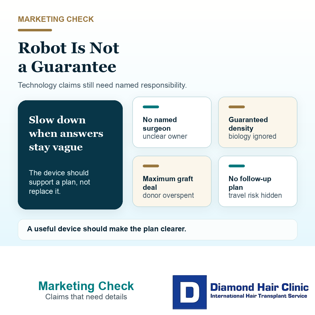 Support visual showing robotic hair transplant marketing claims that need surgeon responsibility and planning details