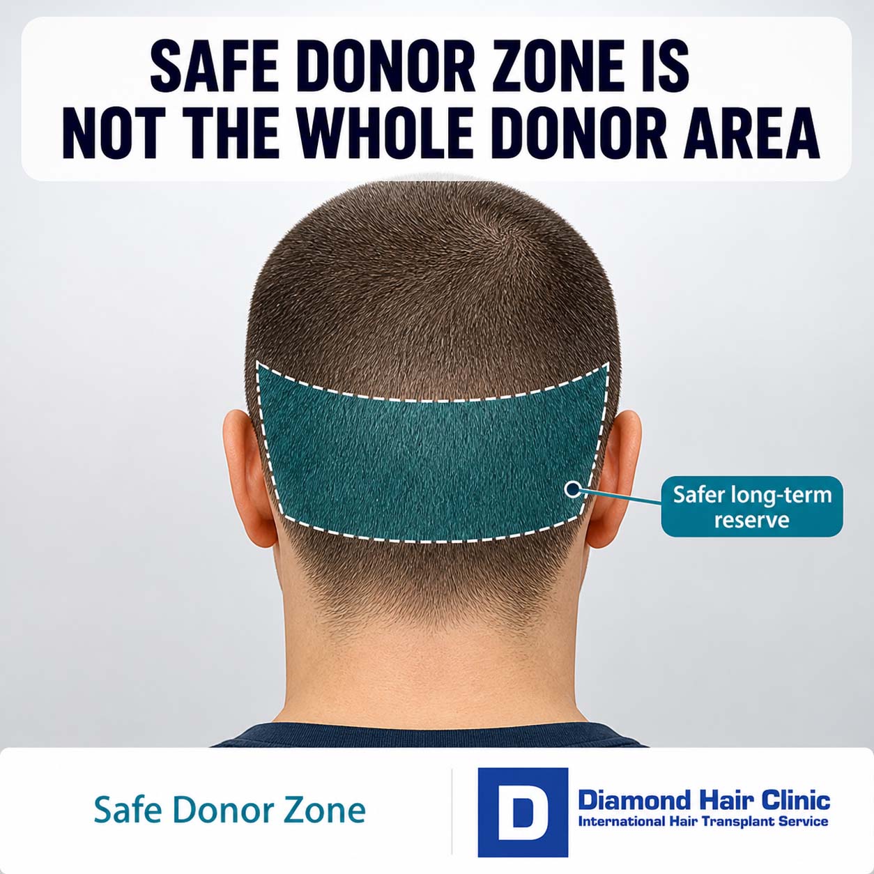 Illustration of the back of a man’s head showing the safe donor zone for hair transplant surgery and explaining that the safe donor zone is not the entire donor area.