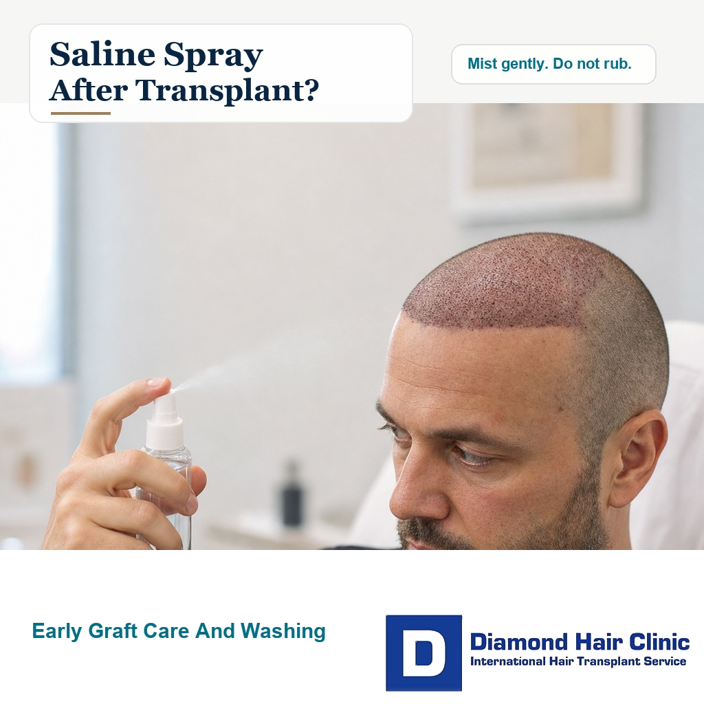 Man gently misting the recipient area with saline spray after a hair transplant