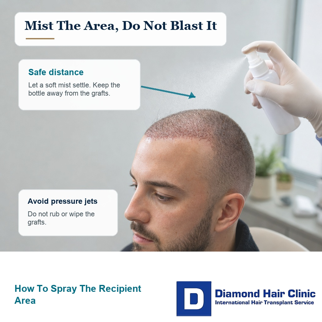 Photo based visual showing a soft mist applied at a safe distance from the recipient area after hair transplant