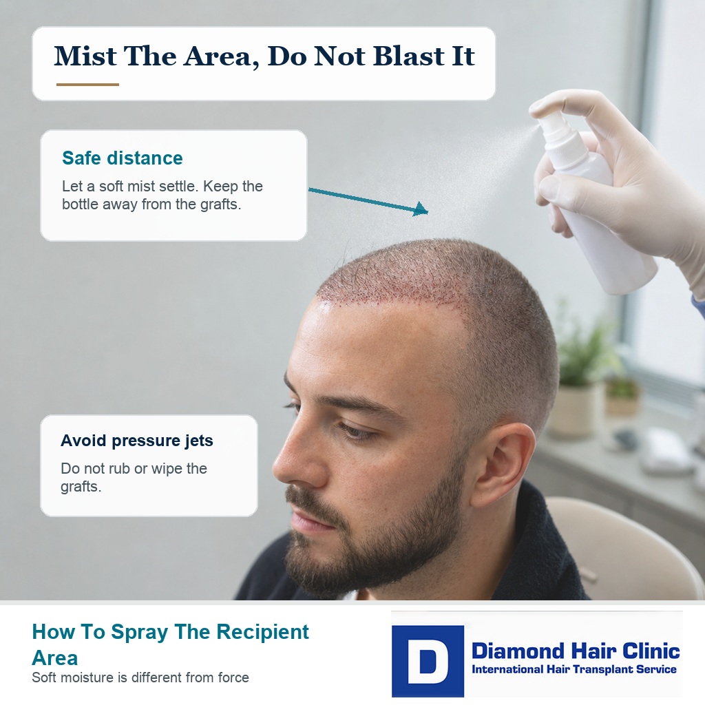 Photo based visual showing a soft mist applied at a safe distance from the recipient area after hair transplant