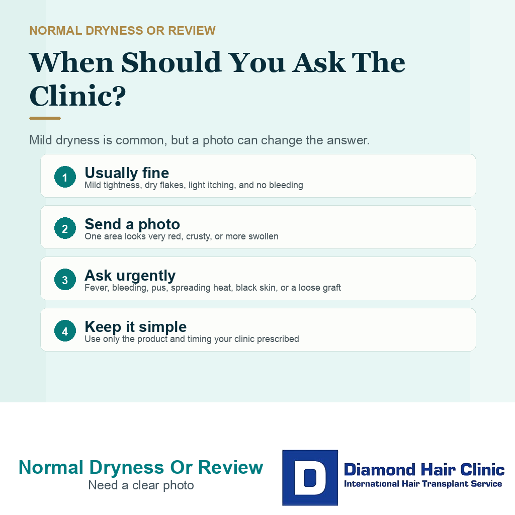 Decision card explaining when dryness is usually normal and when a clinic should review the scalp after hair transplant