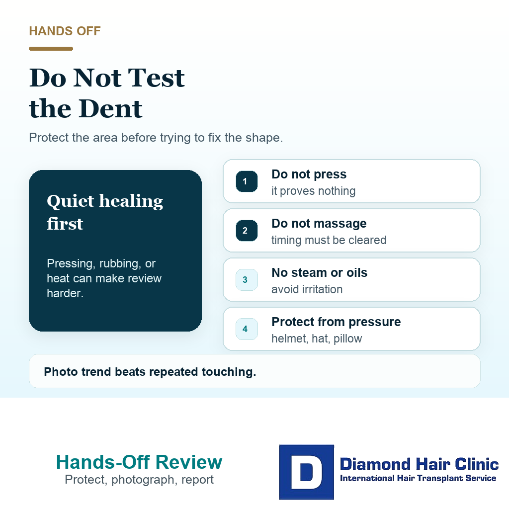 Support visual warning not to press massage steam or manipulate a scalp dent after hair transplant before clinic review
