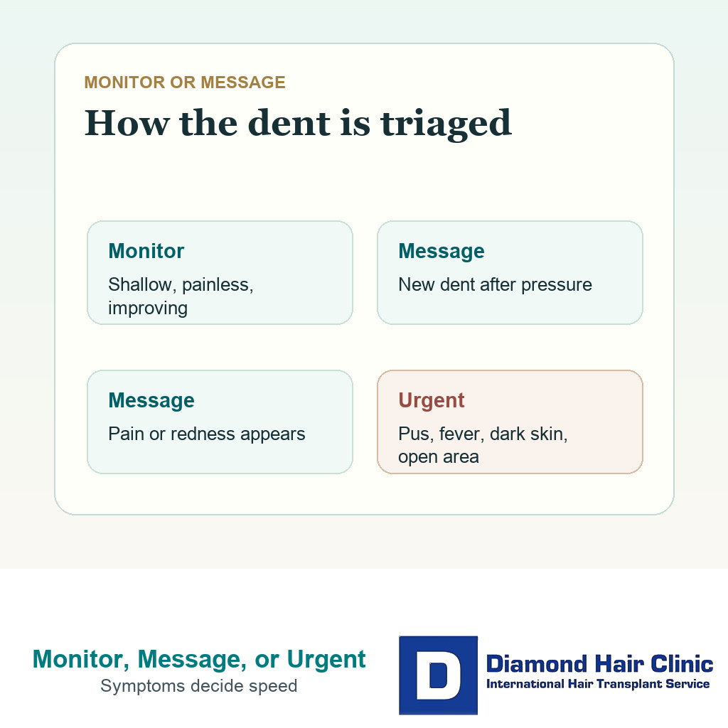 Decision card showing when to monitor message the clinic or seek urgent review for a scalp dent after hair transplant