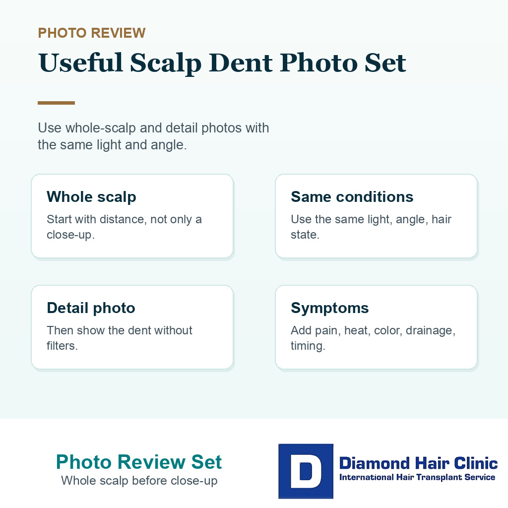 Support card explaining which photos help review a scalp dent after hair transplant