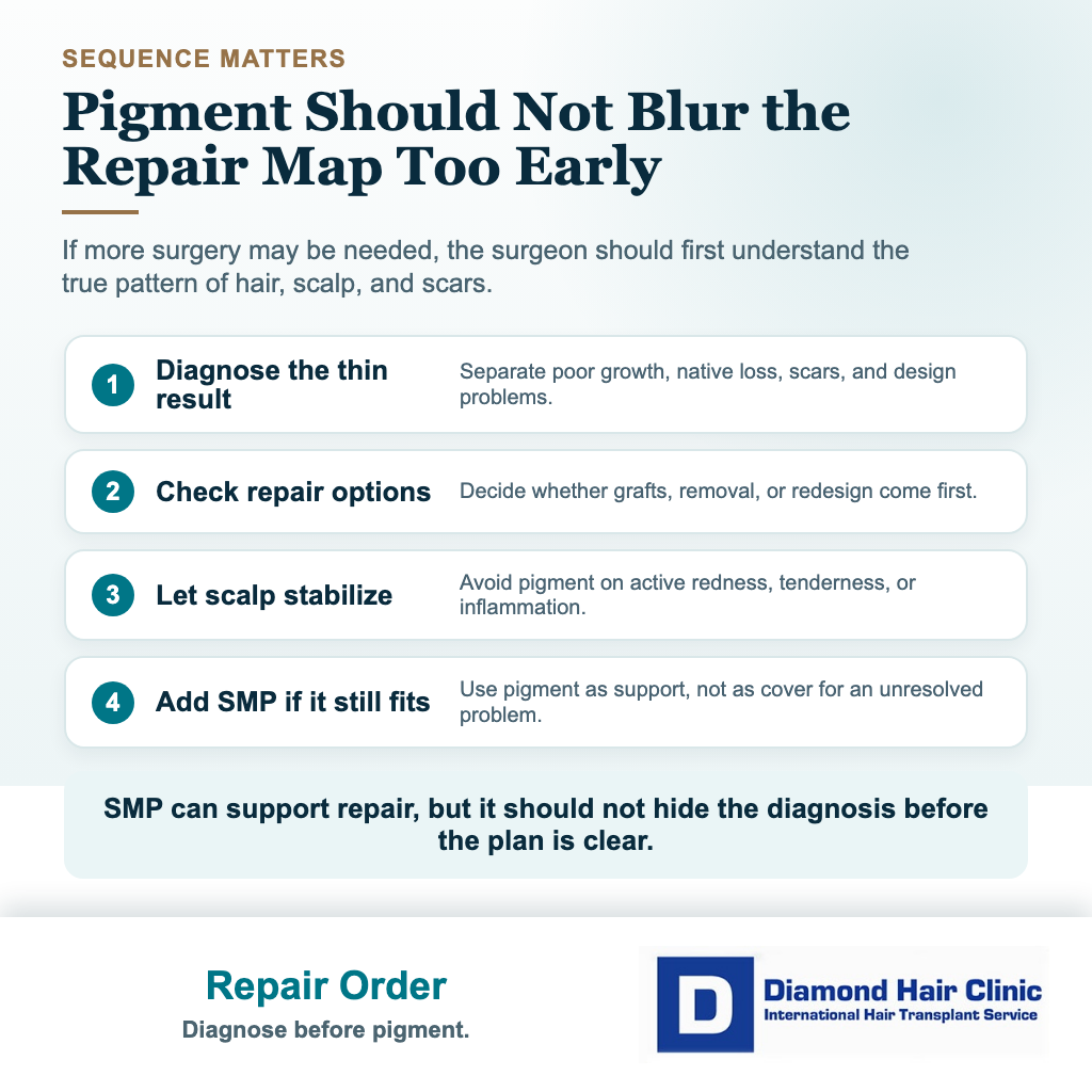 Visual explaining why the order of scalp micropigmentation and repair surgery matters after a thin hair transplant