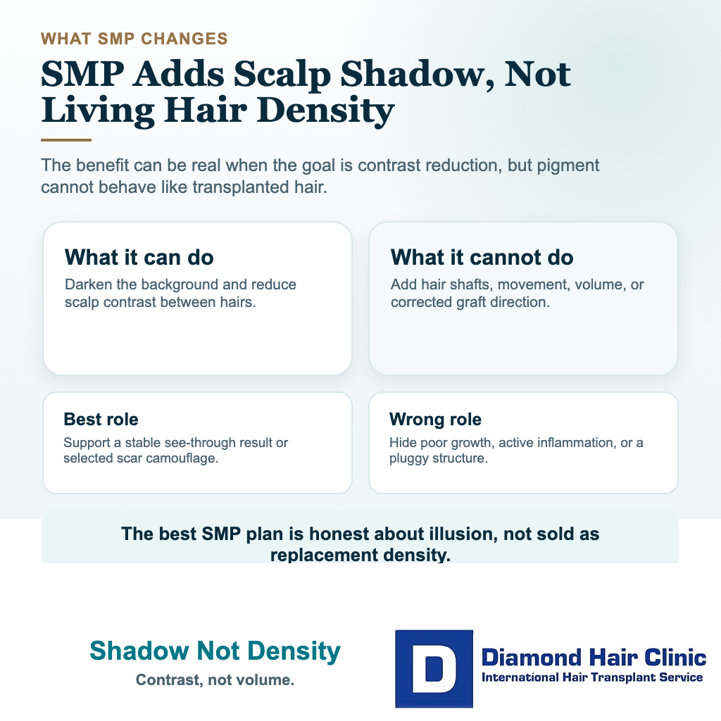 Visual explaining that scalp micropigmentation reduces scalp contrast but does not add real hair density