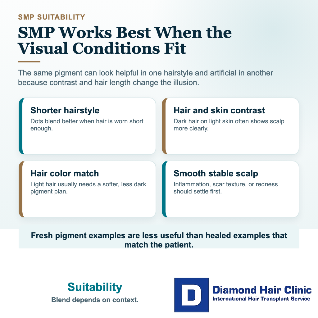 Visual explaining how hair length hair color skin contrast and scalp surface affect SMP suitability after hair transplant