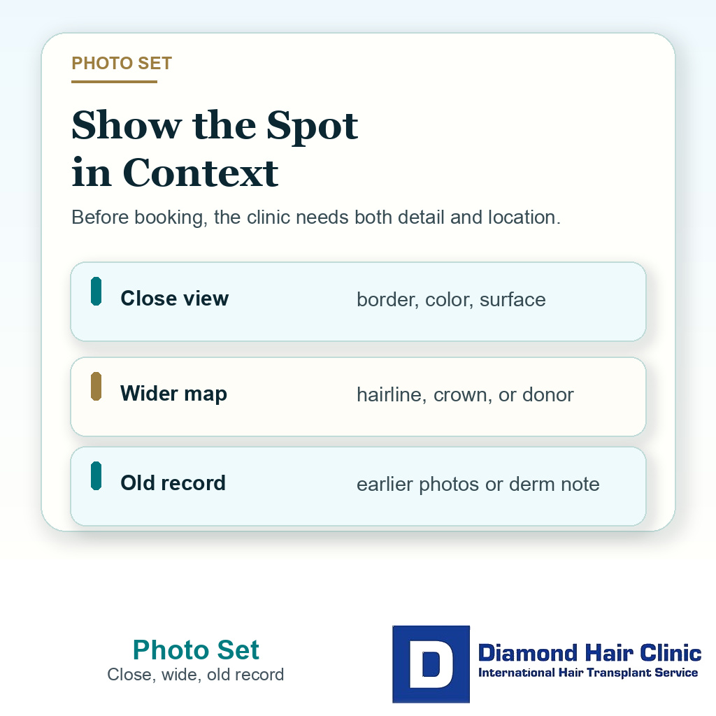 Clinical support card showing the close photo, wider location photo, and older record needed before booking hair transplant surgery with a scalp mole.