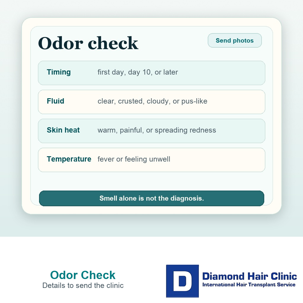 Clinical card showing which details to send the clinic when scalp odor appears after a hair transplant.