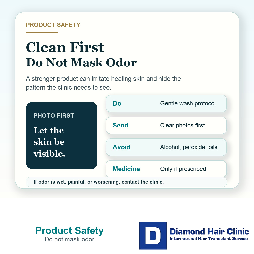 Clinical support card advising gentle washing photo review and avoiding harsh products when scalp odor appears after FUE recovery