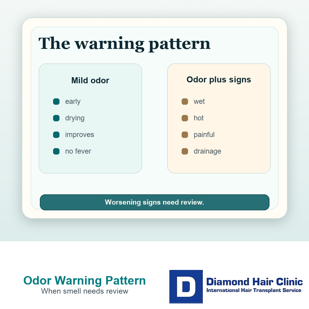 Decision card separating mild scalp odor from odor with infection warning signs after FUE hair transplant.