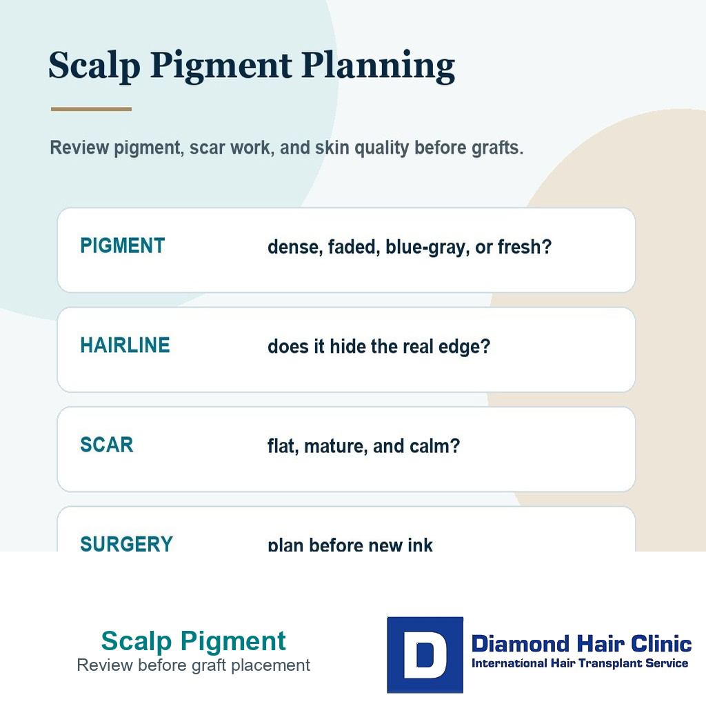 Scalp pigment planning card for hairline donor scar and skin review before hair transplant